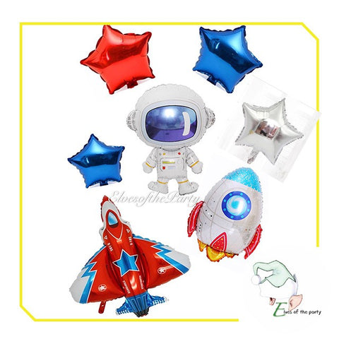 Outer Space : Astronaut, Space Rocket, Jet Plane, Star Foil Balloons, Birthday Banner and Cake Topper