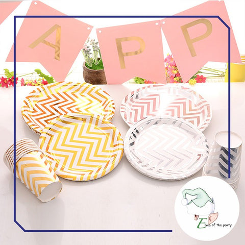 Gold / Silver Chevron Disposable Paper Plates and Cups