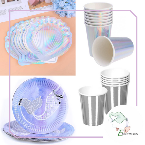 Mermaid, Iridescent Silver Shell Paper Plates and Cups
