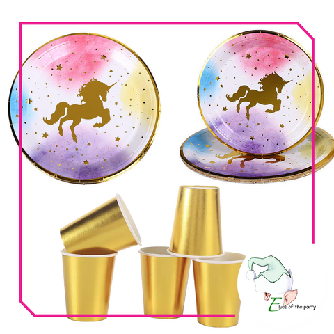 Sparkling Unicorn Paper Plates and Gold Cups