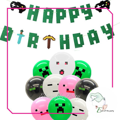 Minecraft Birthday 12" Balloons / Happy Birthday Banner