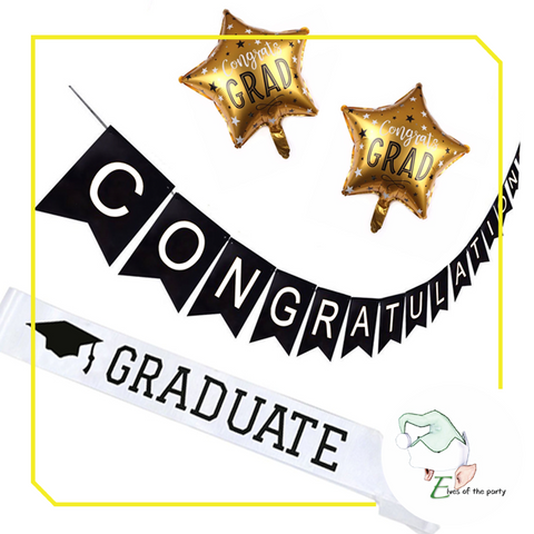 Congratulations Graduate! Black and Gold Banner, Balloons and Graduate Sash